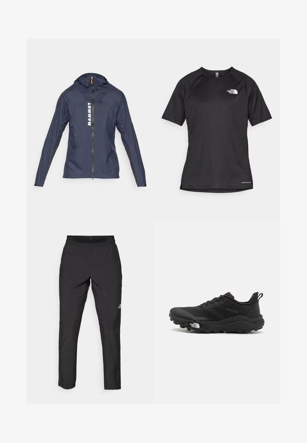 Veste légère bleu marine avec fermeture éclair sur le devant et capuche, ornée du texte blanc "MAMMUT" et d'accents noirs sur les manches et les côtés.; T-shirt de sport noir à manches courtes avec un tissu texturé, arborant un logo blanc sur la poitrine gauche et un ourlet droit.; Pantalon de sport noir avec une taille élastique, fabriqué en tissu léger, présentant un petit logo sur la jambe inférieure et un design de jambe droite.; Chaussure de trail running noire avec une tige texturée, semelle en caoutchouc et bout renforcé. Présente un col rembourré et une tirette pour un enfilage facile.