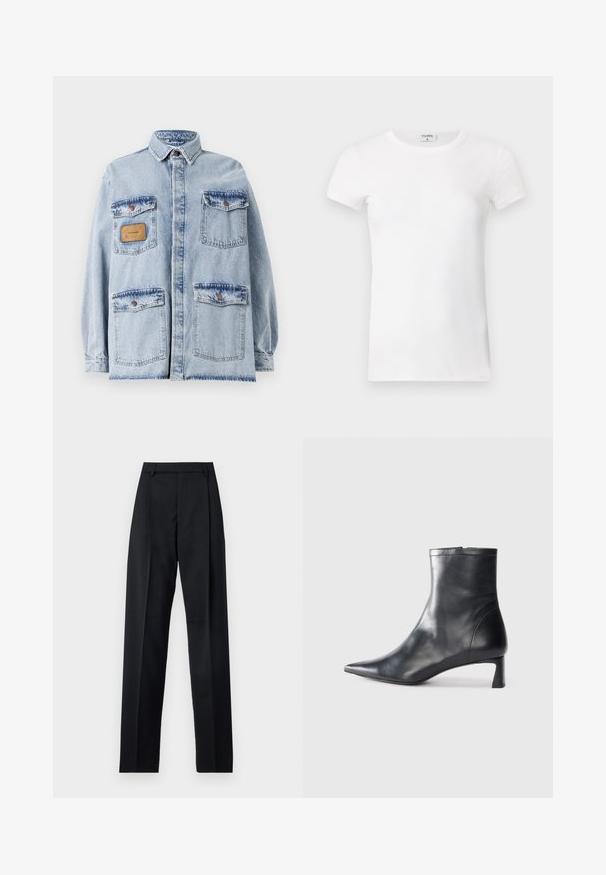 Lichtblauwe oversized spijkerjack met een kraag, voor sluiting met knopen, vier zakken en een bruin leren patch op de linker borst.; Wit geribd T-shirt met korte mouwen en een ronde hals. De stof lijkt glad met een getailleerde pasvorm. Logo zichtbaar op de kraag.; Zwarte broek gemaakt van gladde stof met een hoge taille, wijde benen, voorplooien en klassieke ceintuurlussen. Geen zijzakken zichtbaar.; Zwarte leren enkellaars met een spitse neus en een slank ontwerp. Heeft een lage hak en een ritssluiting aan de achterkant. Gladde textuur.