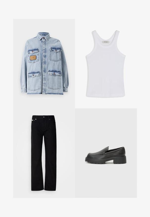 Gaiši zila pārāk liela džinsū jacket ar apkakli, priekšējo pogu aizdari, četriem kabatām un brūnu ādas plāksteri kreisajā krūtī.; Balta bezpieka iz greznas auduma, ar apaļu izgriezumu un platām plecu siksnām, iekšpusē ir etiķete ar uzrakstu "IVY OAK."; Melnas denima taisnas kājas bikses ar pieciem kabatām, sudraba kniedēm un pogu aizdari. Audumam ir gluda, nedaudz teksturēta virsma.; Melnas ādas mokasīni ar noapaļotu purngalu, biezs teksturēts zoles un minimālas dūriena detaļas. Gluds dizains bez redzamām auklām vai metāla elementiem.