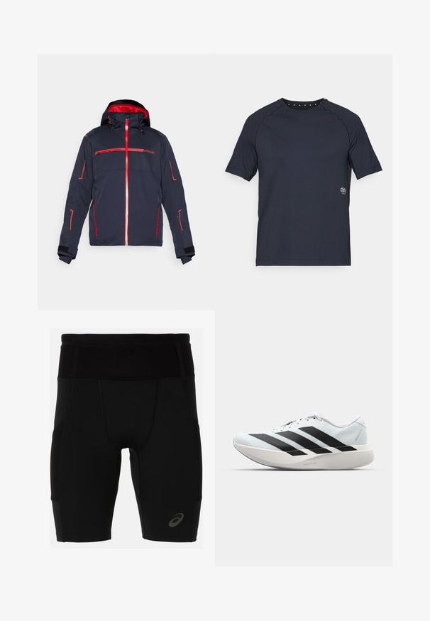Spyder TITAN JACKET - Skijacke - black; Dunkelblaues kurzärmliges T-Shirt aus leichtem Stoff, mit einem Rundhalsausschnitt, kleinen Ösen-Details auf der Rückseite und einem Logo auf der Vorderseite.; Schwarze Sportshorts mit einer enganliegenden Passform, hergestellt aus glattem Material. Sie verfügen über einen hohen Taillenbund und ein kleines Logo am unteren linken Bein.; Leichte Laufschuhe in hellblau mit schwarzen Streifen. Sie verfügen über ein glattes Obermaterial, eine runde Zehenpartie und eine dicke weiße Zwischensohle, die mit "LIGHTSTRIKE PRO" beschriftet ist.