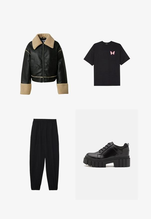Zwarte leren cropped jasje met een beige nepbont kraag en manchetten. Heeft een ritssluiting aan de voorkant en twee zijzakken.; Zwarte katoenen t-shirt met korte mouwen, voorzien van een kleine roze vlinder graphic op de linkerkant van de borst. Crew neck ontwerp met een relaxte fit.; Zwarte, lichte broek met een elastische tailleband en gathered enkels. De stof is glad en heeft een ontspannen, taps toelopend ontwerp.; Zwarte leren platform schoenen met een stevige blokhak, ronde neus en een traditionele vetersluiting. Kenmerkt zich door een gladde textuur en minimale details.