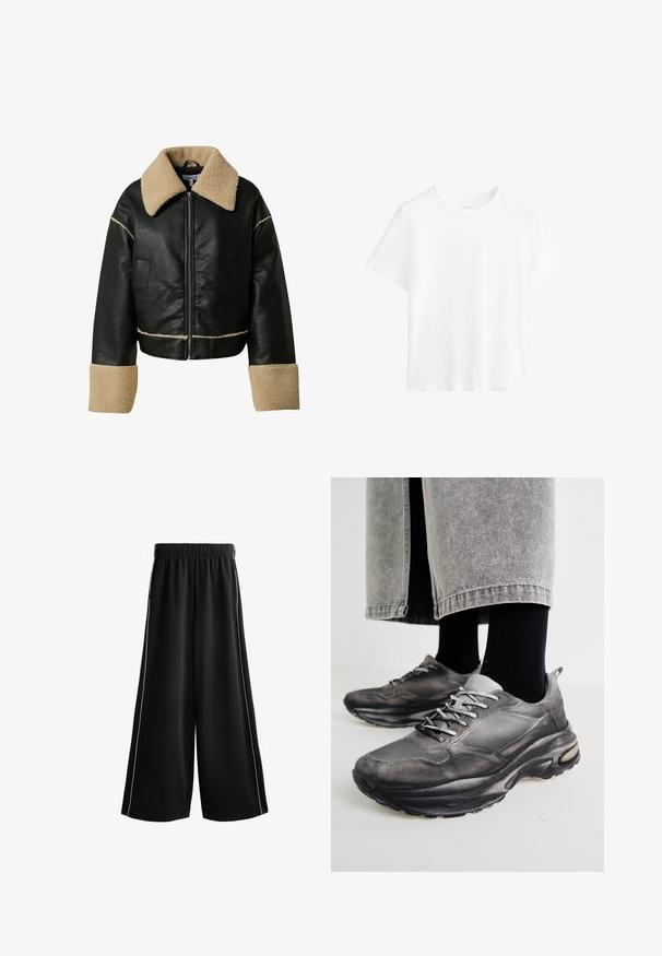 Zwarte leren cropped jasje met een beige nepbont kraag en manchetten. Heeft een ritssluiting aan de voorkant en twee zijzakken.; Witte katoenen t-shirt, korte mouwen, ronde halslijn, relaxte pasvorm, gladde textuur, geen patronen of accenten, eenvoudig ontwerp, veelzijdige stijl.; Zwarte wijde broek met een elastische taille, voorzien van witte zijpiping en een gladde, lichte stof. Ideaal voor casual gebruik.; Zwarte en grijze sport schoenen hebben een mesh bovenkant, dikke zolen en veters. Ze hebben een ronde neus en zichtbare dempingsdetails.
