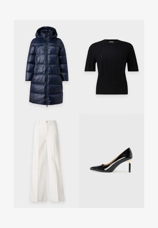 Armani Exchange Dūnu jaka - navy; Filippa K BRAID - Džemperis - black; Baltas platfita bikses, izgatavotas no kokvilnas ar gludu tekstūru. Aprīkotas ar priekšējo pogu, rāvējslēdzēju un četru kabatu dizainu.; Melnas lakotas ādas augstpapēžu kurpes ar norādītu purngalu un izgriezumu dizainu; ar elegantu zelta akcentu uz papēža. Vienkāršas un elegantas.