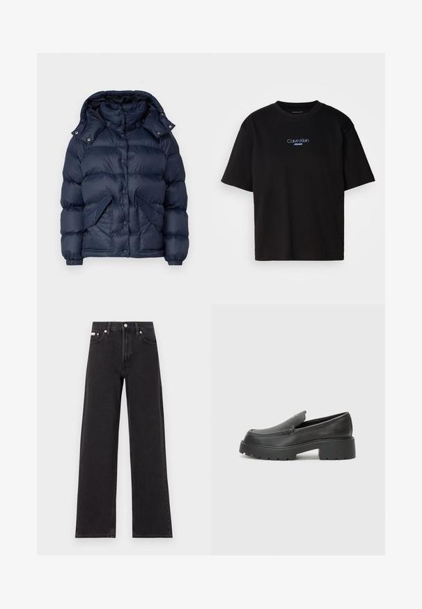 Marineblauer Daunenjacke mit hohem Kragen, abnehmbarer Kapuze, Druckknöpfen und zwei Fronttaschen. Glatte, glänzende Textur mit isolierender Polsterung.; Schwarzes Baumwoll-T-Shirt mit Rundhalsausschnitt, kurzen Ärmeln und blau gesticktem "Calvin Klein JEANS"-Logo auf der Vorderseite.; Schwarze weit geschnittene Jeans aus Denim mit einem hoch sitzenden Bund, fünf Taschen und einem Metallknopfverschluss mit kontrastierendem Nähte.; Schwarze Lederloafer mit einer abgerundeten Spitze, dicker strukturierten Laufsohle und minimalen Nähten. Schlankes Design ohne sichtbare Schnürsenkel oder Beschläge.