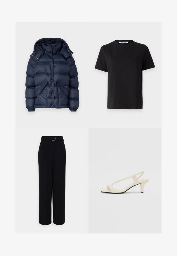 Marineblauer Daunenjacke mit hohem Kragen, abnehmbarer Kapuze, Druckknöpfen und zwei Fronttaschen. Glatte, glänzende Textur mit isolierender Polsterung.; Schwarzes T-Shirt mit kurzen Ärmeln aus weicher Baumwolle, mit rundem Ausschnitt, lockerer Passform und glatter Textur. Keine sichtbaren Muster oder Grafiken.; Schwarze maßgeschneiderte Hose mit weit auslaufendem Schnitt, ausgestattet mit einem Gürtel mit einer silbernen Schnalle, Falten und einer glatten Stofftextur.; Beige Blockabsatzsandalen mit dünnen Riemen und quadrater Spitze. Glattes Material mit minimalem Design, entworfen für einfaches Tragen.
