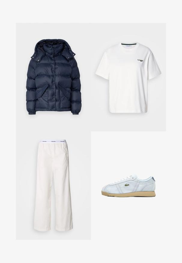 Veste matelassée bleu marine avec un col montant, une capuche amovible, des boutons-pression et deux poches avant. Texture lisse et brillante avec un rembourrage isolant.; T-shirt en coton blanc à coupe décontractée, avec un logo brodé vert sur la poitrine gauche et un col rond. Texture lisse.; Pantalons larges blancs avec une taille élastique arborant un logo Calvin Klein en contraste. Fabriqués à partir d'un tissu lisse, ils offrent une coupe décontractée.; Baskets en maille bleu clair avec une semelle en caoutchouc beige, des lacets blancs et un détail de logo vert. Elles présentent une forme à bout rond et des panneaux latéraux texturés.