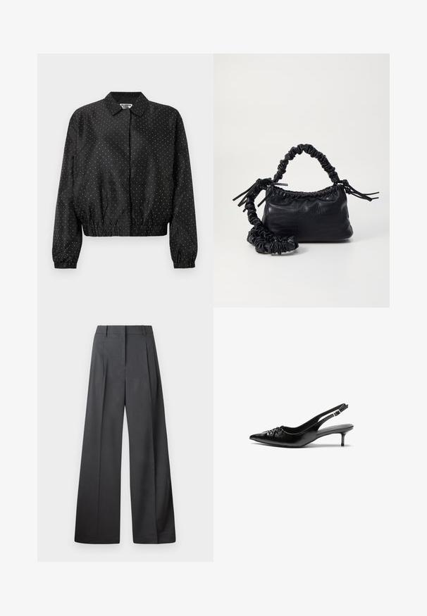 Black bomber jacket with white polka dot pattern, featuring a collar, elasticated hem, and gathered cuffs. Smooth fabric texture.; Navy blue plaid long-sleeve blouse with smocked bodice and gathered cuffs, featuring a small keyhole button closure at the back neckline.; Wide-leg trousers in dark gray fabric, featuring a high waist, single pleats, and a smooth texture with a clean finish at the hems.; Black leather slingback heels with a pointed toe, small kitten heel, and a decorative knot detail on the front. Smooth texture throughout.; Black faux leather handbag with a crocodile texture, cinched top, and a scrunched strap. Appears soft and compact in design.