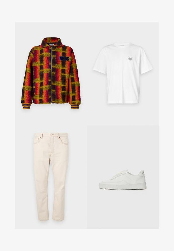 Fleecejack met een rood, geel en zwart geruit patroon, met een rits aan de voorkant, kraag en ribgebreide manchetten met blauwe en gele strepen. GGDS-logo op de borst.; Witte t-shirt van katoen met korte mouwen, een ronde hals, en een klein grijs logo op de linker borstzijde. Soepele textuur.; Beige denim jeans met een rechte pijp, voorzien van vijf zakken, contrasterende stiksels en een knoopsluiting bij de taille.; Witte leren sneaker met een gladde afwerking, ronde neus, platte veters en een gestructureerde zool. Kenmerkt zich door een subtiel logo op de hiel.