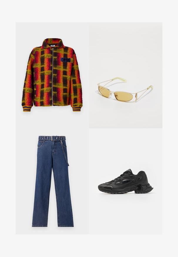 Fleecejacke im rot, gelb und schwarz karierten Muster mit einem Reißverschluss vorne, Kragen und gerippten Bündchen mit blauen und gelben Streifen. GGDS-Logo auf der Brust.; Graues Baumwoll-T-Shirt mit einer kleinen orangefarbenen Fuchs-Kopf-Stickerei über der linken Brust. Rundhalsausschnitt, kurze Ärmel und eine klassische Passform.; Dunkelblaue Jeans aus Denim mit geradem Bein, ausgestattet mit einem gemusterten Gürtel mit Metallösen und einer passenden Gürtelschlaufe.; Schwarze Sportschuhe mit strukturiertem Synthetikobermaterial, runder Zehenpartie und markanten ovalen Ausschnitten. Verfügt über eine robuste Gummisohle für guten Halt.; Gelb getönte Sonnenbrille mit einem durchsichtigen goldenen Rahmen, schlanker rechteckiger Form und eckigen Bügeln mit hellgrünen Akzenten.