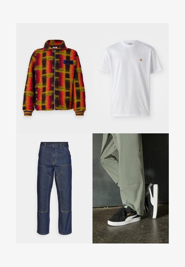 Raudonas, gelsvas ir juodas fliso džemperis su languotu raštu, užtrauktuku priekyje, apykakle ir raibu rankogaliais, kurių spalvos yra mėlyna ir geltona. GGDS logotipas ant krūtinės.; Balta medvilnės marškinėliai su trumpomis rankovėmis, apvalia iškirpte, kuriuose kairėje krūtinės pusėje yra mažas auksinis logotipas. Minkšta tekstūra ir reguliari forma.; Tamsiai mėlynos džinsinės kelnes su aukštu liemeniu, tiesaus kirpimo dizainu, kontrastinėmis siūlėmis ir kišenėmis priekyje.; Juodi suede sportbačiai su baltais guminiais padais ir šoninėmis juostelėmis, derinami su šviesiai žaliais kargo kelnais, stovintys ant tekstūruoto tamsaus paviršiaus.