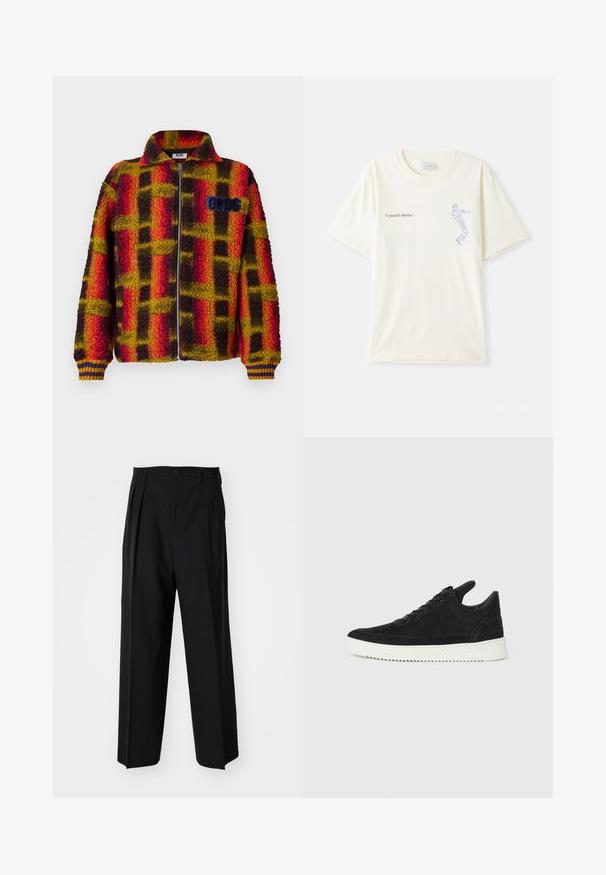 Punane, kollane ja must ruuduline fliisjakker, millel on lukuga esiosa, krae ja ribakätised, mis sisaldavad siniseid ja kollaseid triibusid. GGDS logo rinna peal.; Valge puuvillane t-särk lühikeste varrukatega, millel on rinnal musta ja sinise graafikaga tekst "United By Rhythm". Ümmargune kaelus.; Mustad volditud püksid sirge ja laia säärega disainiga. Valmistatud siledast kangast, millel on nuppudega sulgemine ja vööaasad.; Must mustel kingad valge kummist tallaga, millel on toon-toonis õmblused ja paeltega disain. Sile tekstuur ja moodne, voolujooneline kuju.