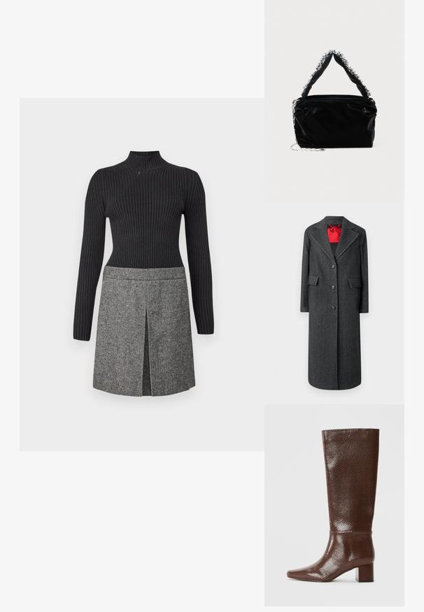 Abrigo de lana gris con cuello muesca, estilo de un solo botón y doble bolsillo frontal. Forro interior rojo en contraste, detalles de costura visibles.; Suéter negro de punto con cuello de tortuga y textura acanalada, combinado con una falda gris de tejido que presenta una abertura frontal y detalles de patrón sutiles.; Bota marrón hasta la rodilla con textura de piel de serpiente, punta cuadrada y tacón cuadrado sobre un fondo blanco liso.; Bolso de mano negro de imitación cuero con un acabado texturizado, que presenta un acento plateado de cuentas a lo largo del asa superior y una correa de cadena.