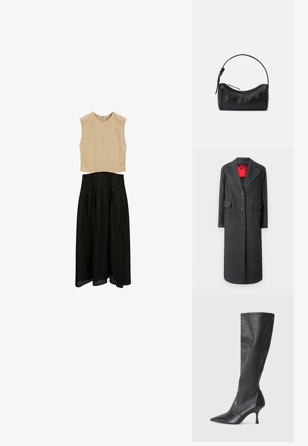 Grå uldfrakke med et skarp krave, enkelt knappet stil og dobbelte frontlommer. Kontrastfyldt rød indvendig foring, synlige sømdetaljer.; Beige ærmeløs top med høj hals og tekstureret finish, sat sammen med en sort A-line nederdel med plisseringer og en svævende kant.; Knæhøje sorte læderstøvler med spidse tæer og slanke stiletto-hele. Glat tekstur med en tætsiddende design og syninger ved toppen.; Sort læder skuldertaske med et buet design, lynlåslukning og en slank rem. Har en glat tekstur og diskrete syninger.