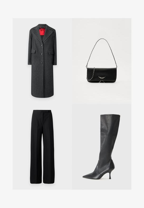 Grau wollener Mantel mit Reverskragen, einreihigem Stil und doppelten Fronttaschen. Kontrastierendes rotes Innenfutter, sichtbare Nähdetails.; Schwarzer Rollkragenpullover mit langen Ärmeln, ausgestattet mit einem kleinen weißen Herz-Emblem auf der Brust. Weicher Stoff und lockere Passform.; Schwarze weit geschnittene Hosen aus glattem, mattem Material. Flacher Bund ohne sichtbare Hardware oder Muster. Einfaches und elegantes Design.; Knöchelhoche schwarze Lederstiefel mit einer spitzen Zehe und einem schlanken Stiletto-Blockabsatz. Glatte Textur mit einer enganliegenden Passform und Nähten am oberen Rand.; Schwarze Lederhandtasche mit einem silbernen Kettenriemen, verziert mit dekorativen Flügelakzenten und weißen Nähten entlang der unteren Naht.