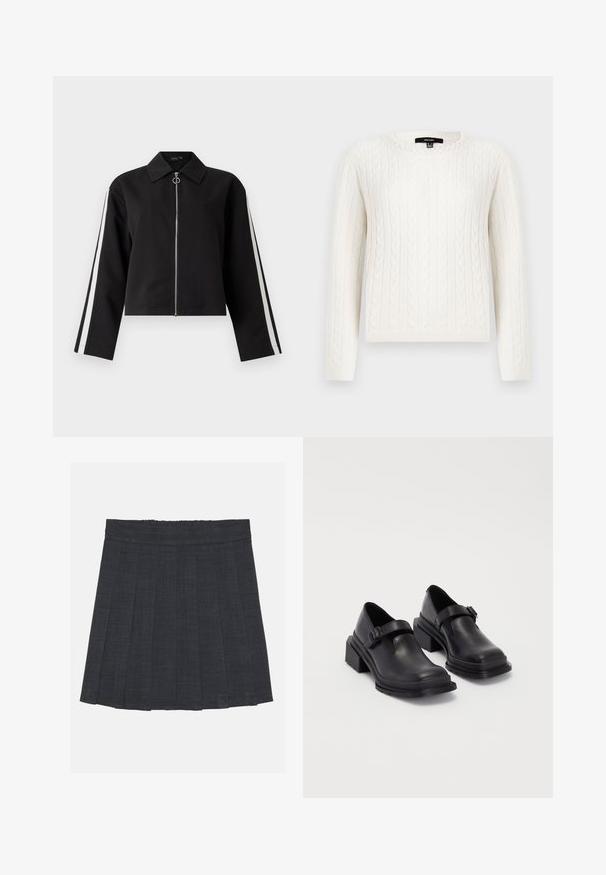 Fekete, rövidített dzseki hosszú ujjal, ezüst cipzárral és oldalsó csíkokkal. Éles gallérral és gyűrűs húzóval rendelkezik. Sima szövet textúra.; Fehér, kötött pulóver, hosszú ujjal, kerek dekoltázzsal és dekoratív gyöngyös díszítéssel a galléron. Puha tapintású és testhezálló fazon.; Sötétszürke pliszírozott szoknya rugalmas derékkal, texturált anyagból, klasszikus A-vonalú sziluettel. Alkalmas mindennapi viseletre.; Fekete bőr cipők lekerekített orral, lapos talppal és csattal díszített pánttal. Masszív blokk talp a megnövelt stabilitásért.