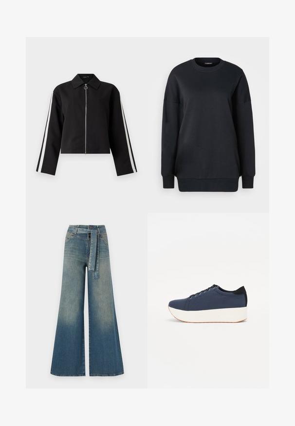 Juodas trumpas švarkas su ilgomis rankovėmis, sidabriniu užtrauktuku ir šoninėmis juostelėmis. Yra smailus apykaklė ir žiedo traukimo detalė. Lygi audinio tekstūra.; Juodas megztinis, pagamintas iš medvilnės, su apvalia iškirpte, ilgomis rankovėmis ir laisvu siluetu. Lygus paviršius su išlinktais rankogaliais ir apatine dalimi.; Platus džinsinis kelnes su šviesiai tamsiai mėlynu gradientu, aukštu juosmeniu, diržo kilpomis ir atitinkančiu audinio diržu. Textūruotas džinsinis paviršius.; Tamsiai mėlynas sportinis batelis su tekstūruotu audiniu viršuje, baltu platformos padu, apvaliu pirštu ir juodu kulno akcentu.š. Yra šešios skylės raišteliams.