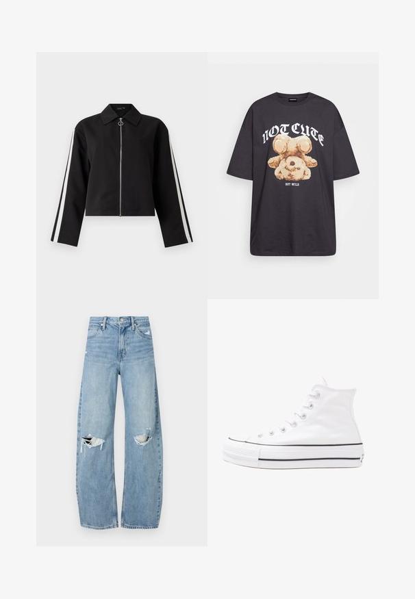 Zwarte cropped jack met lange mouwen, zilveren rits en zijstrepen. Met een puntige kraag en ringtrekknoopdetail. Glad stoftextuur.; Zwart oversized t-shirt met een afbeelding van een beer en de tekst "NIET SCHATTIG, MAAR WILD" in grote, witte letters. Gemaakt van katoen.; Lichtblauwe, hooggeritste jeans van denim. Beschikken over wijde pijpen, twee gescheurde knievalken en klassieke vijfzakken styling.; Witte high-top canvas sneakers met een zwarte rubberen zool, een rubberen neuskap aan de voorkant en zes gaatjes voor veters, met een schone, minimalistische uitstraling.