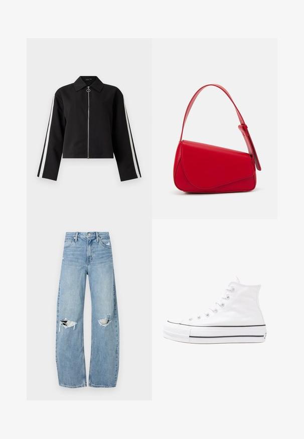 Chaqueta corta negra con mangas largas, cremallera plateada y tiras laterales. Cuenta con un cuello puntiagudo y un detalle de anilla en la cremallera. Textura de tela suave.; Camiseta negra de gran tamaño con un gráfico de un oso y el texto "NO LINDO SINO SALVAJE" en letras blancas y en negrita. Material de algodón.; Vaqueros de mezclilla de tiro alto en azul claro. Tienen piernas anchas, dos áreas desgastadas en las rodillas y un estilo clásico de cinco bolsillos.; Zapatilla de lona alta blanca con suela de goma negra, puntera de goma frontal y seis ojetes para los cordones, que presenta un diseño limpio y minimalista.; Bolso de cuero rojo con un diseño angular y geométrico. Cuenta con una única correa ajustable y un cierre de solapa con detalles de costura.