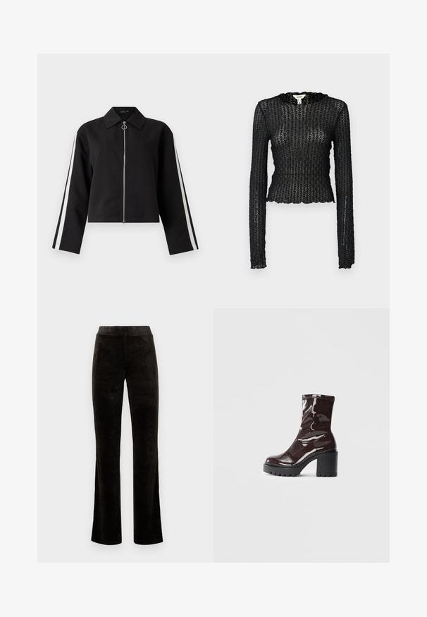 Veste noire courte avec des manches longues, fermeture éclaire argentée et bandes latérales. Dotée d'un col pointu et d'un détail de tirette en anneau. Texture de tissu lisse.; Haut noir à manches longues en dentelle texturée, présentant un col festonné et un design ajusté avec une silhouette courte.; Pantalons évasés noirs en tissu doux et velouté. Présentent une taille haute et une texture lisse sans motifs ni quincaillerie visibles.; Bottines bordeaux brillantes à talon épais noir, avec une texture lisse et un design simple. Aucune fermeture visible ni motifs.