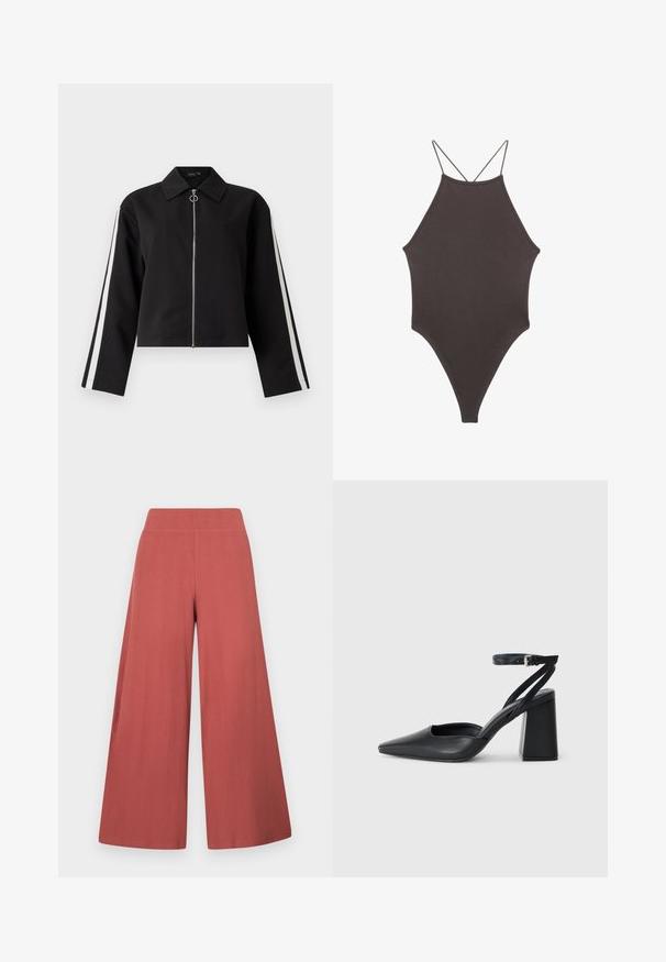 Black cropped jacket with long sleeves, silver zipper, and side stripes. Features a pointed collar and ring pull detail. Smooth fabric texture.; Brown, high-neck one-piece swimsuit with thin, adjustable straps; features a high-cut leg and smooth texture. No patterns or embellishments.; Wide-leg trousers in a rust color, made from textured fabric with vertical ribbing. Features a high, elastic waistband.; Black leather pointy-toe pump with an ankle strap and a chunky heel. Flat texture, sleek design, and minimalistic aesthetics.