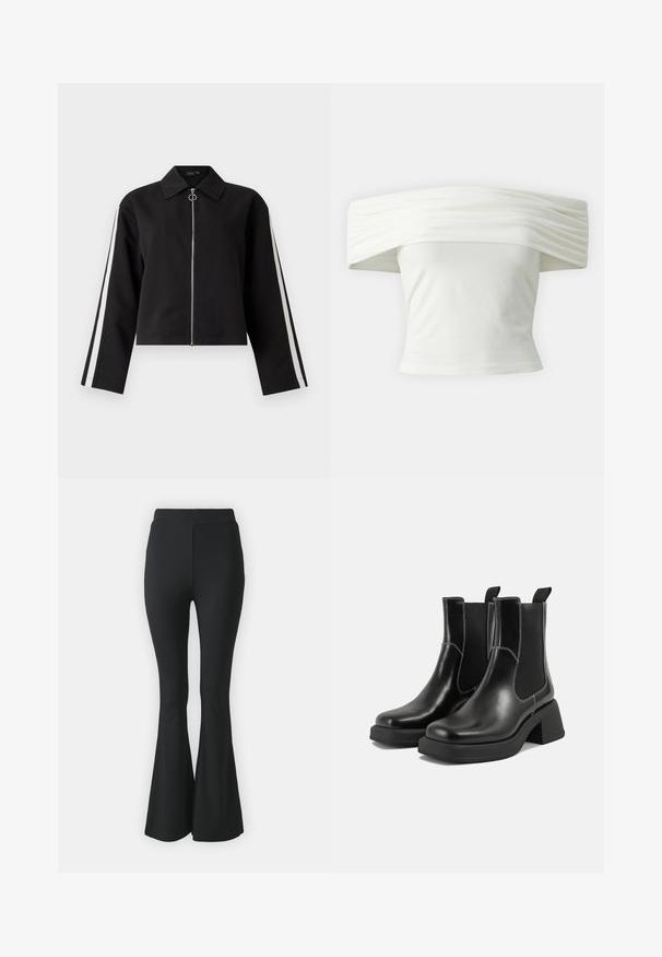 Svart kort jakke med lange ermer, sølvglidelås og side-striper. Har spiss krage og ring-detalj på glidelåsen. Jevn tekstur.; Off-shoulder hvit topp med plisserte, strukturerte ermer og tettsittende liv. Laget av mykt stoff med en jevn tekstur.; Svarte vide bukser laget av elastisk stoff. Har høy midje og en glatt, tettsittende design som vidder ut fra kneet og nedover.; Sorte lær Chelsea støvler med en kraftig hæl, elastiske sidepaneler og kontrasterende hvid syning. Teksturert overflate.