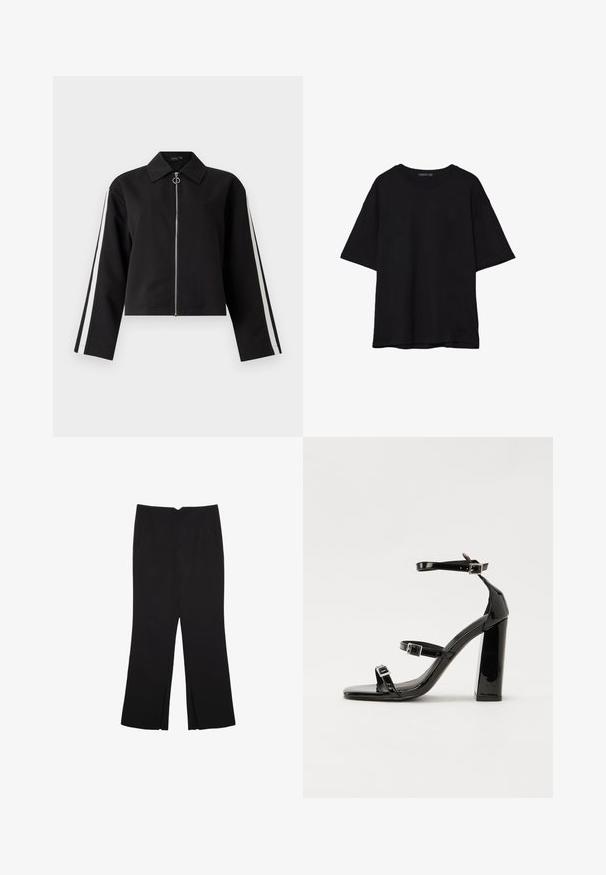 Sort cropped jakke med lange ærmer, sølv lynlås og sidelister. Har en spids krave og ringtræk detalje. Glat stofstruktur.; Sort bomulds T-shirt med en afslappet pasform, korte ærmer, rund halsudskæring og en glat tekstur. Ingen synlige mønstre eller accenter.; Sorte bukser med lige pasform, der har frontlommer og slidser i kanten. Lavet af blødt, glat stof. Velegnet til forskellige anledninger.; Sorte patenterede hælsandaler med firkantet tå, ankelremme og sølvspænder. Har en chunky blokHæl for stabilitet.