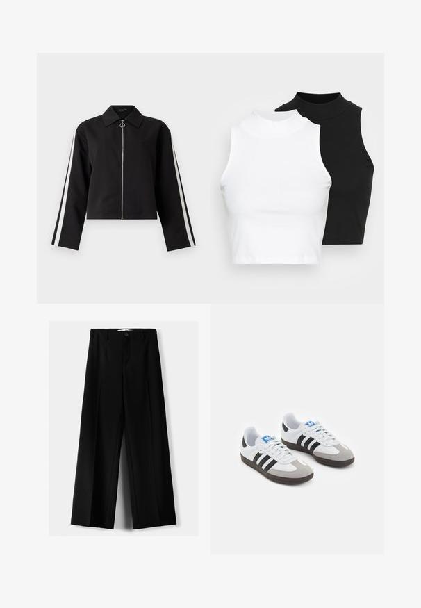 Schwarze, kurze Jacke mit langen Ärmeln, silbernem Reißverschluss und seitlichen Streifen. Verfügt über einen spitzen Kragen und einen Ringzippdetail. Glatte Stofftextur.; Zwei ärmellose, gerippte Rollkragenoberteile in Schwarz und Weiß, mit einer figurbetonten Passform und glatter Textur sowie einer cropped Länge.; Schwarze weite Hosen aus leichtem Stoff, mit einem Knopfverschluss vorne und flachem Bund, mit sorgfältig genähten Säumen.; Sportschuhe mit einem Obermaterial aus weißem Leder, grauer Wildleder-Zehenkappe und drei schwarzen Streifen. Sie verfügen über ein blaues Logo auf der Zunge und eine strukturierte Gummisohle.