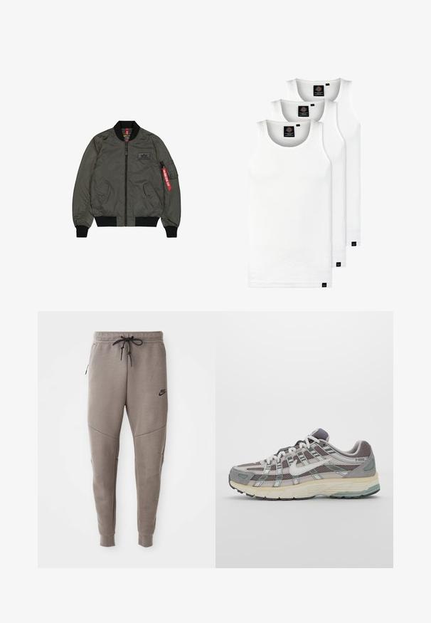 Oliivinvihreä pommikaukkus takki, kiiltävä nylon-kangas, resorimaiset hihansuut ja kaulus, vetoketjukiinnitys, kaksi sivutaskua ja yksi utiliitintasku punaisella tarralla.; Kolme valkoista ribbitekstiilistä toppia, jotka on valmistettu puuvillasta. Ominaisuuksiin kuuluu pyöreä pääntie ja pieni musta etiketti helman lähellä. Saatavilla useissa kooissa.; Harmaat Nike-juoksuhousut, joissa on kiristysnyöri vyötäröllä, kapeat lahkeet, sivutaskut ja erottuva sauman yksityiskohtaisuus. Pehmeä, tekstuuri kangas.; Harmaa urheilukenkä, jossa on verkko- ja mokkanahkainen yläosa, valkoiset yksityiskohdat, pehmustettu pohja ja erottuva muotoilu heijastavilla elementeillä.