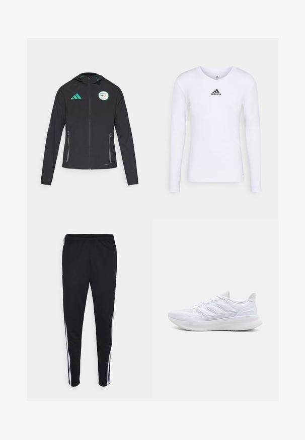 Chaqueta deportiva negra con capucha, con acentos verdes, bolsillos con cremallera y el logo de la selección nacional de Argelia en el pecho.; Camiseta deportiva de manga larga blanca, fabricada con material suave, que presenta un logo negro de Adidas en el pecho; diseño de cuello en V y forma ajustada.; Pantalones deportivos negros con un ajuste relajado, que cuentan con franjas laterales blancas, una cintura con cordón y dos bolsillos laterales. Hechos de tela suave.; Zapatillas deportivas blancas con una parte superior de malla texturizada, suela acolchada y soporte, y un diseño de tres rayas en el lateral.