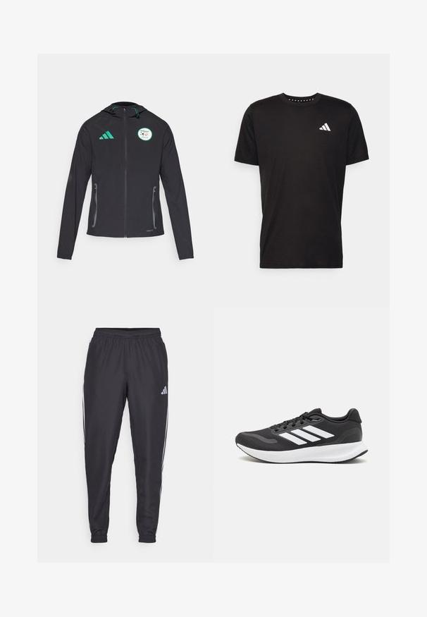 Zwarte sportjack met capuchon, voorzien van groene accenten, ritszakken en het Algerijnse nationale teamlogo op de borst.; Zwarte katoenen t-shirt met korte mouwen, ronde hals en een wit logo op de linkerkant van de borst. Gladde textuur en eenvoudig ontwerp.; Zwarte sportieve broek met een elastische tailleband, voorzien van witte strepen aan de zijkanten en een klein logo op de heup. Gladde textuur.; Zwart sportief schoen met ademend mesh bovenwerk, witte accenten en een gevoerde zool. Beschikt over een logo met drie strepen aan de zijkant.