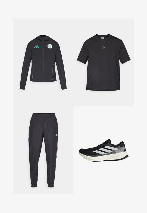 Svart idrottsjacka med huva, med gröna detaljer, fickor med dragkedja och Algeriets landslagslogotyp på bröstet.; Svart atletisk t-shirt tillverkad av ett ventilerande material, med korta ärmar, rund hals och en reflexlogotyp på bröstet.; Svarta träningsbyxor med elastisk midja, med vita ränder längs sidorna och en liten logotyp på höften. Slät textur.; Svart atletisk sko med nätmönster, som har vita ränder, rund tå och en strukturerad sula för grepp och stöd.
