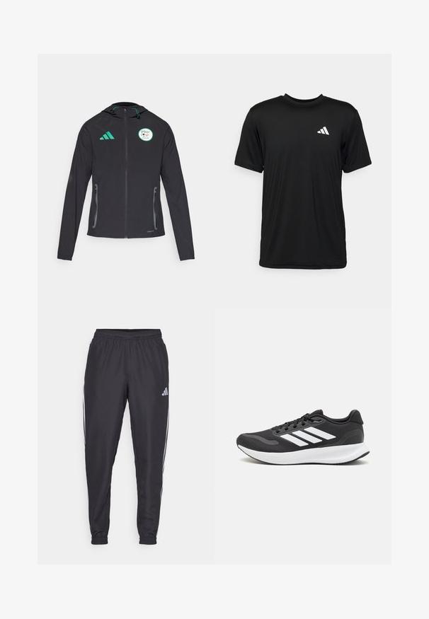 Jachetă atletică neagră cu glugă, având accente verzi, buzunare cu fermoar și logo-ul echipei naționale a Algeriei pe piept.; Tricou scurt cu mânecă negru, realizat dintr-un material ușor, care absoarbe umezeala. Dispune de un logo alb în partea superioară stângă a pieptului.; Pantaloni atletici negri cu talie elastică, având dungi albe pe laterale și un mic logo pe șold. Textură netedă.; Pantof cu aspect sport de culoare neagră, cu un upper din plasă respirabilă, accente albe și o talpă amortizată. Include logo-ul cu trei dungi pe lateral.