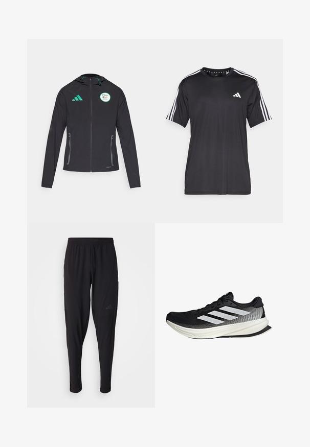 Čierna športová bunda s kapucňou, vybavená zelenými akcentmi, zipsovými vreckami a logom národného tímu Alžírska na hrudi.; Čierne tričko s krátkym rukávom s bielym trojprúžkom na pleciach a logom na hrudi. Vyrobené z priedušného materiálu, hladká textura.; Čierne športové nohavice s elastickým pásom, zúženým strihom, bočnými vreckami a nenápadným logom. Vyrobené z flexibilnej, priedušnej tkaniny.; Čierna atletická topánka s dizajnom z mriežky, s bielymi prúžkami, zaoblenou špičkou a textúrovanou podrážkou pre lepšiu priľnavosť a podporu.