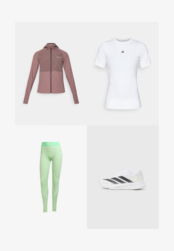 Mikina s kapucí na zip v barvě slonové kosti, s kontrastním tmavým panelem, dlouhými rukávy a malým předním kapsičkovým detailem.; Bílé sportovní tričko s krátkým rukávem, vyrobené z hladké, elastické látky. Na hrudi se nachází malé černé logo Adidas.; adidas Performance HYPERGLAM - Punčochy - semi green spark lime burst; Bílé sportovní tenisky s černými diagonálními pruhy, síťovaným svrškem, zaoblenou špičkou a texturovanou podrážkou. Zajímavosti zahrnují stříbrnou patu a minimalistický design.
