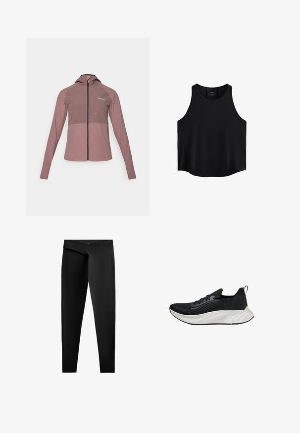 Mikina s kapucí na zip v barvě slonové kosti, s kontrastním tmavým panelem, dlouhými rukávy a malým předním kapsičkovým detailem.; Černý bezrukávový top vyrobený z hladké látky, s kulatým výstřihem, rovného střihu a postranními panely s jemnou texturou.; Černé legíny vyrobené z hladkého, elastického materiálu. Mají vysoký pas a přiléhavý střih s rovnými nohavicemi až ke kotníkům.; Černá sportovní bota s texturovaným svrškem, bílou polstrovanou podrážkou a diskrétním brandingem. Obsahuje poutko a šněrování.