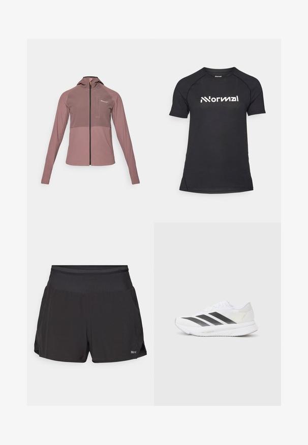 Veste à capuche zippée de couleur rose poussiéreux, avec un panneau foncé contrastant, des manches longues et un petit détail de poche avant.; T-shirt de sport noir à manches courtes avec un tissu texturé et un logo blanc contrastant placé sur la poitrine. Encolure ronde et design ajusté.; Shorts de sport noirs avec une taille plate, de courte longueur et des poches latérales. Le tissu semble respirant avec une texture lisse.; Chaussure de sport blanche avec des rayures noires en diagonale, tige en maille, bout arrondi et semelle texturée. Les accents comprennent un talon argenté et un design minimaliste.