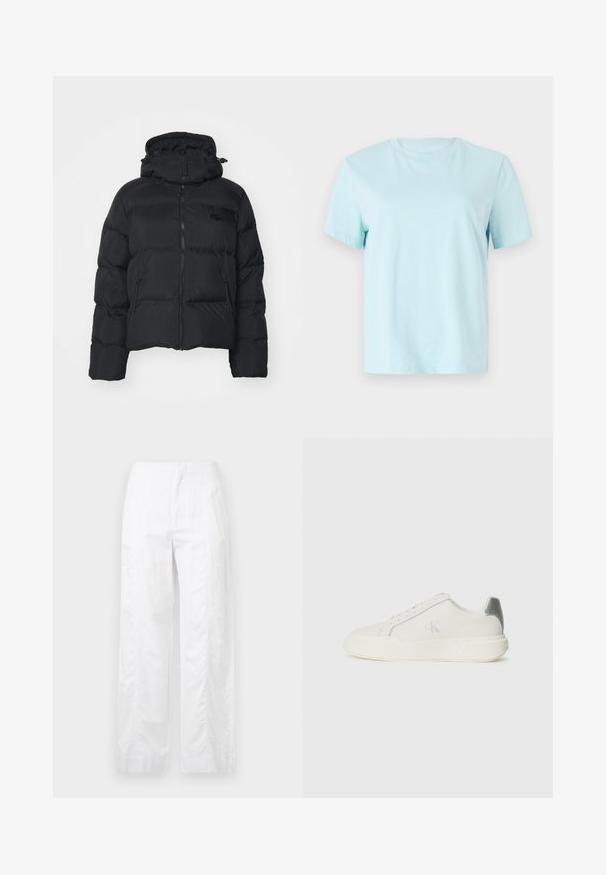 Jachetă puf neagră cu glugă detașabilă, fermoar frontal și două buzunare laterale. Prezintă secțiuni matlasate și un mic logo pe piept.; Tricou din bumbac de culoare albastru deschis, cu manșete scurte, guler tip crew și un logo brodat discret 'Calvin Klein' pe față.; Pantaloni albi cu croială largă, fabricați dintr-un material ușor, având o textură netedă, linii curate și un design cu talie înaltă.; Sneaker alb din piele cu o textură netedă, având un accent argintiu pe călcâi, talpă plată și un design minimalist.