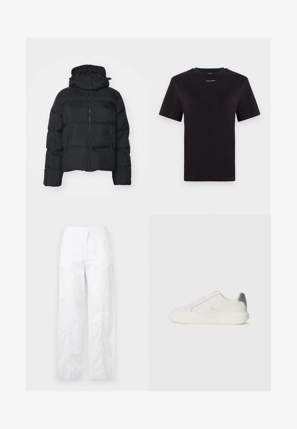 Black puffer jacket with a detachable hood, zip front, and two side pockets. Features quilted sections and a small logo on the chest.; Black cotton t-shirt with short sleeves, crew neck, and small white "Calvin Klein" logo at the chest. Smooth texture, classic fit.; White wide-leg trousers made of lightweight fabric, featuring a smooth texture, clean lines, and a high waist design.; White sneaker made of leather with a smooth texture, featuring a silver accent on the heel, flat sole, and minimalistic design.