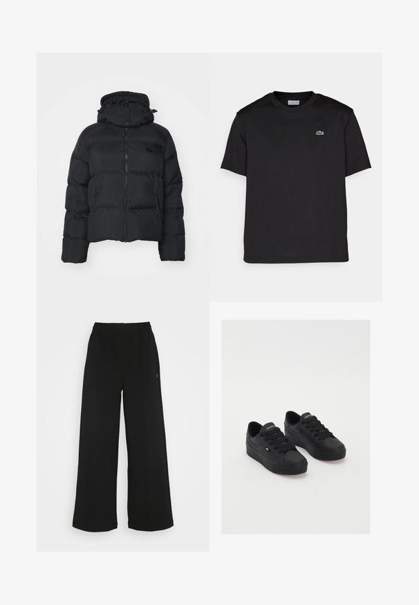 Black puffer jacket with a detachable hood, zip front, and two side pockets. Features quilted sections and a small logo on the chest.; Black cotton t-shirt with a round neckline, short sleeves, and a small green embroidered logo on the left chest. Simple design.; Black wide-leg pants with an elastic waistband. Made from a soft, lightweight material. Features vertical seams along the front.; Black low-top sneakers made of smooth material, featuring thick laces, a textured sole, and a small logo on the side and tongue.