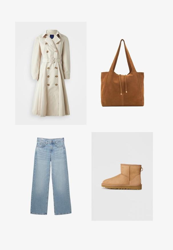 Palton bej cu închidere cu nasturi dubli, talie cu curea, mâneci lungi și fustă de lungime până la genunchi, fabricat dintr-un material ușor.; Pulover tricotat crem cu un design mare cu steagul american și inițialele "RL" tricotate pe partea din față, cu guler rotund și manșete și tiv drepte.; Tricou alb din bumbac cu mâneci scurte, de tip crew neck și o croială lejeră. Materialul pare neted, fără modele sau grafice vizibile.; Jeans din denim bleu deschis, cu croială largă și talie înaltă, cu cinci buzunare și ușoare decolorări, prezentând un buton metalic și bucle pentru curea.; Botină din suede bej, cu vârf rotund, detalii cusute, buclă de prindere pe spate și talpă din cauciuc texturat. Proiectată pentru confort și căldură.; Geantă tote din suede maro cu două mânere lungi, închidere prin șnur și un design minimalistic. Textură netedă și fără accente vizibile de hardură.