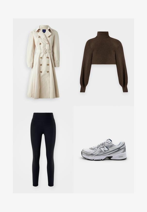 Bežový trenčkot s dvojradovým gombíkovým zapínaním, opasok v páse, dlhé rukávy a sukňa po kolená, vyrobený z ľahkej látky.; Hnedý cropped rolák, s ryhovanou textúrou a objemnými rukávmi, vyrobený z mäkkého, teplého materiálu.; Čierne legíny s vysokým pásom, vyrobené z elastického materiálu, s hladkou textúrou a priliehavým strihom až po členky.; Športová obuv New Balance s vrchným materiálom z jemnej sieťoviny, prevažne biela s šedými a námorníckymi akcentmi, vybavená polstrovanou podrážkou a textúrovanými detailmi.
