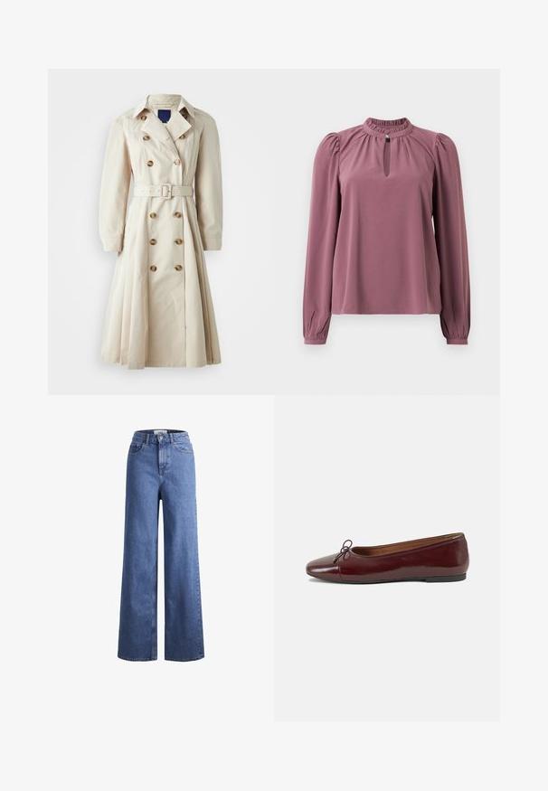 Beiger Trenchcoat mit doppelt geknöpftem Verschluss, tailliertem Schnitt, langen Ärmeln und knielangem Rock, aus leichtem Stoff gefertigt.; Langärmlige mauve Bluse mit gerafftem Kragen, Schlüsselloch-Ausschnitt mit Knopfverschluss und leicht gepufften Schultern.; Helleblaue Denim-Weite-Leg-Jeans mit hoher Taille, zwei vorderen Taschen und sichtbarer Naht. Mit Knopf- und Reißverschluss.; Burgunderfarbenes, lackiertes Ballettschuh mit abgerundetem Zehenbereich, kleiner Schleifenakzent vorne und einer niedrigen, schwarzen Gummisohle. Glatte Textur.