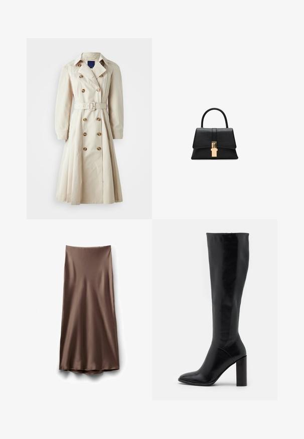 Trench-coat beige avec fermeture à boutons double boutonnage, taille ceinturée, manches longues et jupe mi-longue, fabriqué en tissu léger.; Haut à manches longues et col rond de couleur crème, fabriqué en tissu doux. Présente une coupe droite et un design minimaliste sans embellissements.; Jupe midi en satin marron avec une texture lisse et un ourlet légèrement évasé, présentant un design simple et sans décorations, sans fermetures visibles.; Bottes en cuir noir jusqu'au genou avec un bout pointu et un talon épais. Texture lisse avec des accents minimaux et un design de tige ajustée.; Sac à main structuré noir avec une texture lisse, une poignée supérieure unique et un fermoir doré à l'avant. Design minimaliste.