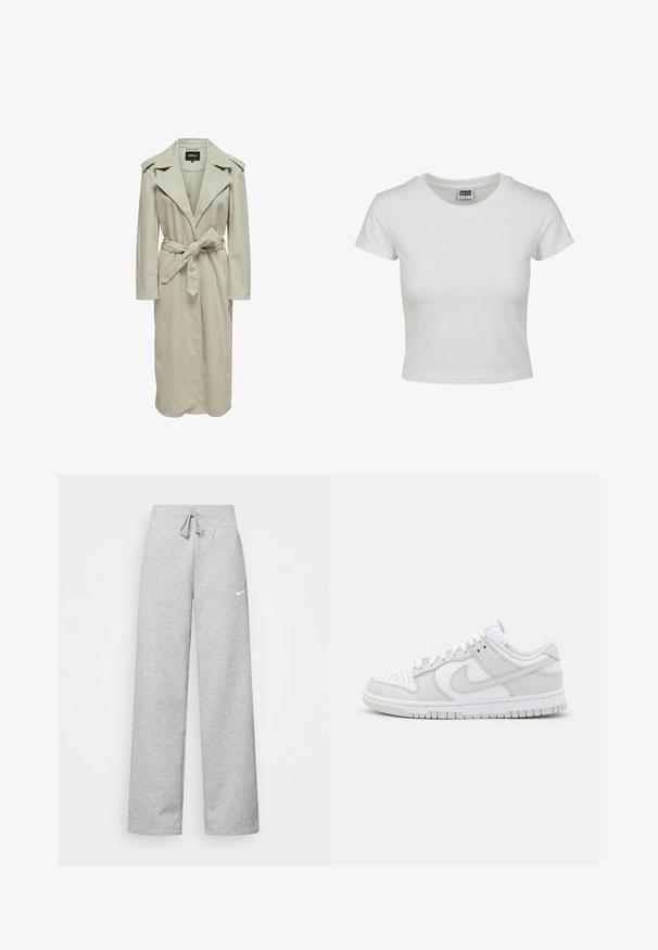 Hele beež trench coats laiade kraega, pikad varrukad, vöökohaga ja küljetaskudega. Valmistatud siledast kangast, sirge lõikega disain.; Valge puuvillane T-särk klassikalise ümmarguse kaelusega, lühikeste varrukatega ja keha vastava lõikega. Mingeid mustreid ega aksessuaare pole nähtaval.; Hallide higi värvi spordipüksid, elastse vöökoht ja paelaga detail, millel on vasakul reiel väike valge Nike logo. Pehme kangas, laiem lõige.; Valged nahast spordijalatsid hallide aktsentidega, perforatsioonidega varvas, lapikud lipsud, pehmendatud krae ja tekstureeritud kummist tallad.