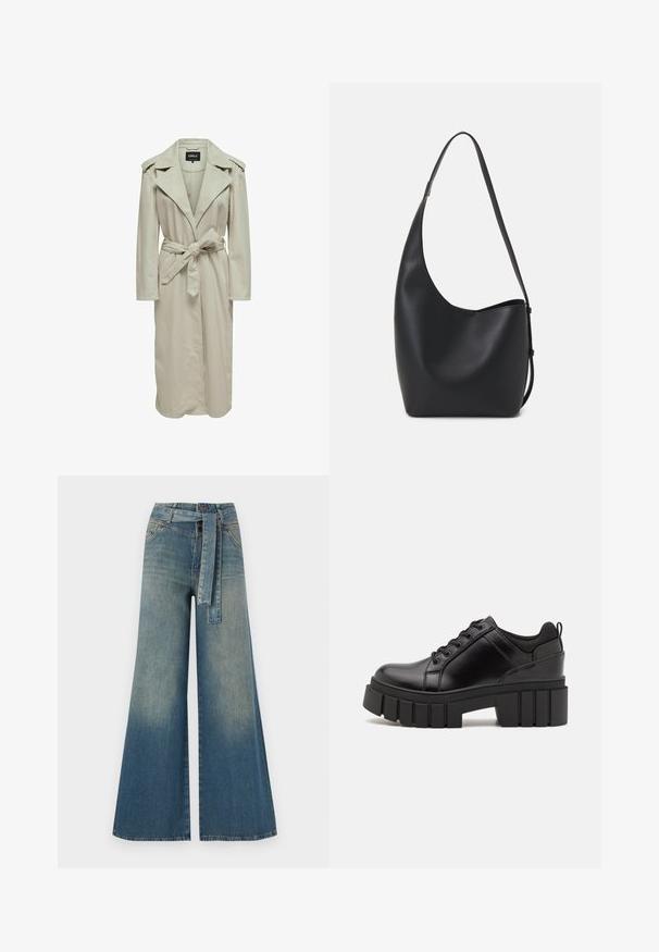 Lichtbeige trenchcoat met een brede revers, lange mouwen, een ceintuur in de taille en zijzakken. Gemaakt van een gladde stof met een recht gesneden ontwerp.; Zwarte katoenen t-shirt met korte mouwen, voorzien van een kleine roze vlinder graphic op de linkerkant van de borst. Crew neck ontwerp met een relaxte fit.; Wijduitlopende denim broek met een lichte naar donkere blauwe gradient, hoge taille, riemlussen en een bijpassende stoffen riem. Gestructureerde denimafwerking.; Zwarte leren platform schoenen met een stevige blokhak, ronde neus en een traditionele vetersluiting. Kenmerkt zich door een gladde textuur en minimale details.; Zwarte leren hobo tas met een gladde textuur, kromme vorm en een enkele verstelbare schouderband; heeft een brede opening aan de bovenkant.