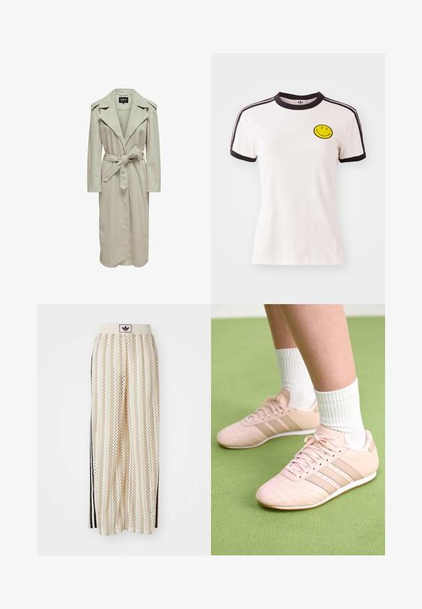 Svetlo bež plašč s širokimi klapnicami, dolgimi rokavi, pasom in stranskimi žepi. Narejen je iz gladkega materiala s ravnim krojem.; Bela bombažna majica s črnim rebrastim ovratnikom, kratkimi rokavi, črnimi črtami in izvezenim rumenim nasmehom na prsih.; Hlače širokega kroja kremne barve z zigzag vzorcem, opremljene z črnim logotipom na pasu in stranskimi črnimi črtami. Lahka, teksturirana tkanina.; Svetlo roza športni čevlji z diagonalnim šivom, belimi podplati in tremi stranskimi črtami. Oblečeni z rebrastimi belimi nogavicami na zeleni površini.
