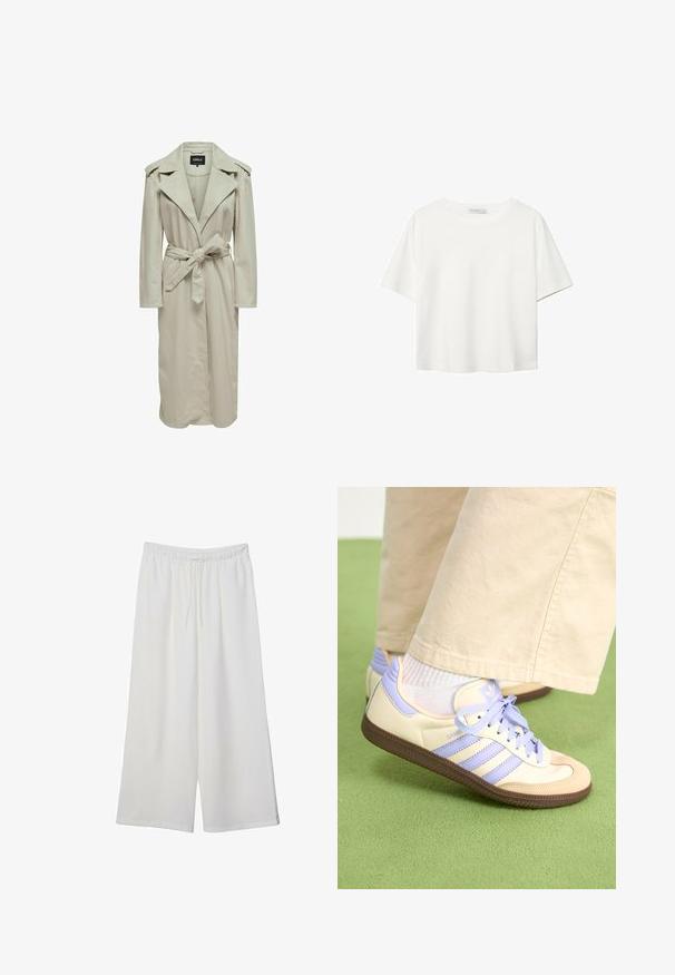 Trench coat beige chiaro con ampio revers, maniche lunghe, vita con cintura e tasche laterali. Realizzato in tessuto liscio con design a taglio dritto.; T-shirt bianco a maniche corte realizzato in cotone. Presenta un collo tondo e una vestibilità rilassata. Texture liscia senza motivi o dettagli visibili.; Pantaloni bianchi a gamba larga realizzati in tessuto leggero, dotati di una vita elastica e di un cordino per una vestibilità regolabile. Texture liscia.; Sneakers crema e lavanda con tre strisce e suola marrone texturizzata, dotati di lacci e tallone imbottito. Parte superiore in tessuto morbido.