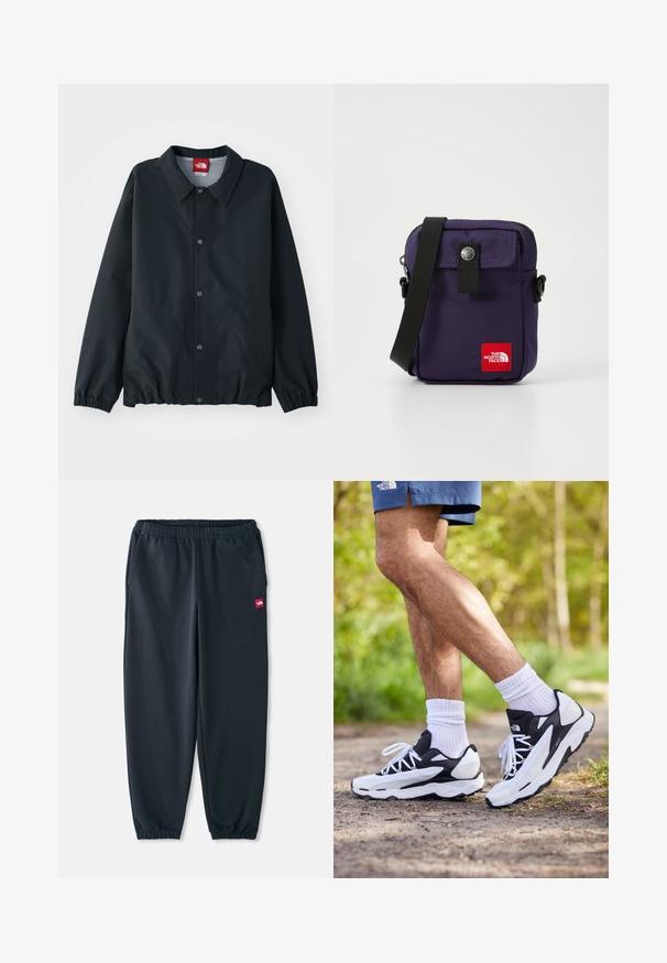 Crna jakna s ovratnikom, zatvaranjem na gumbe, elastičnim manžetama i skupljenim rubom. Izrađena od laganog, vodootpornog materijala.; Svijetlozeleni kratki rukav majica od mekog pamuka, s malom crvenom oznakom na lijevoj strani prsnog područja. Opustit će se i okrugli izrez.; Crne trenirke od glatkog materijala, s elastičnim pojasom, manžetama na gležnjevima i malim crvenim logotipom sa strane.; Crne i bijele atletske tenisice s mrežastim gornjim dijelom, teksturiranim detaljima i bijelim vezicama. Nosene s bijelim čarapama do gležnja i tamnoplavim šortsem na stazi.; Ljubičasta najlonska torba za rame s prednjim poklopcem, zatvaranjem na kopču, podesivim crnim remenom i crvenom oznakom s logotipom sprijeda.