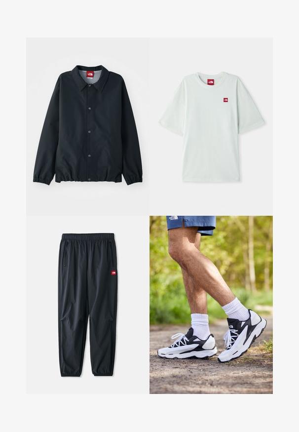 Sort jakke med krave, knaplukninger, elastiske manchetter og en indsnævret kant. Fremstillet af letvægts, vandafvisende materiale.; Lysegrøn kortærmet t-shirt lavet af blød bomuld, med et lille rødt logo på venstre brystområde. Løs pasform og rund halsudskæring.; Sorte letvægtsbukser lavet af syntetisk materiale, med elastisk talje, lynlåslommer på siden og et lille rødt logo-patch.; Sorte og hvide sportsko med mesh-overdel, teksturerede accenter og hvide snørebånd. Båret med hvide ankelstrømper og marineblå shorts på en sti.