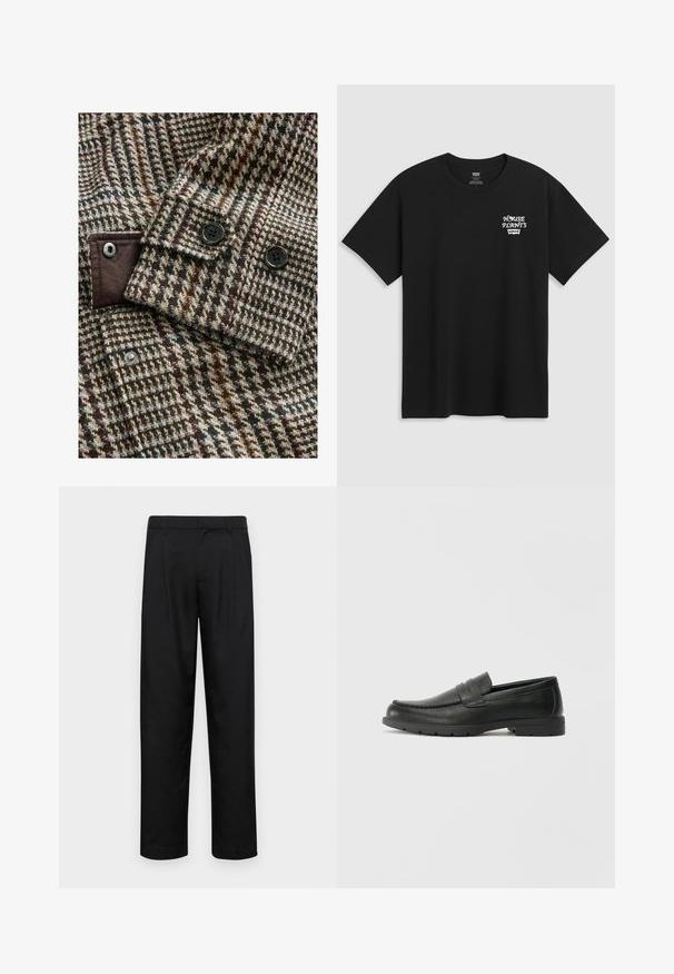 Wool jacket with a brown and cream houndstooth pattern. Features black buttons and contrasting brown fabric on the cuff and inner placket.; Black cotton t-shirt featuring a chest print that reads "HOUSE PLANTS" in white stylized font with "Levi's" below. Classic crew neckline.; Black trousers made of smooth fabric, featuring a straight-leg design, two front pleats, and standard waistband with belt loops.; Black leather loafers with a smooth finish, moccasin-style upper, stitched detailing, and a rubber sole. Classic design with a low heel.
